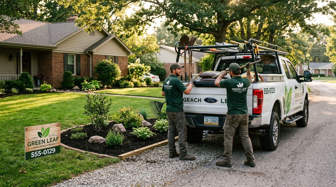 Branded landscaping company truck and uniformed crew at a suburban job site with a finished garden bed and yard sign
