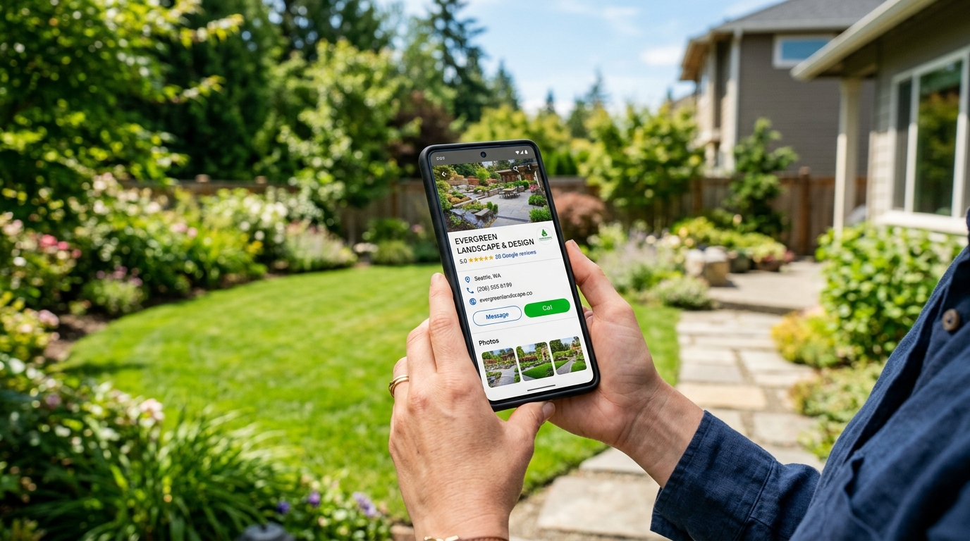 Google Business Profile for landscapers displayed on a smartphone in a landscaped backyard