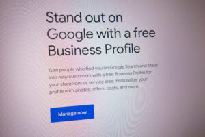 konskie, poland april 27, 2022: information about free google business profile displayed on laptop