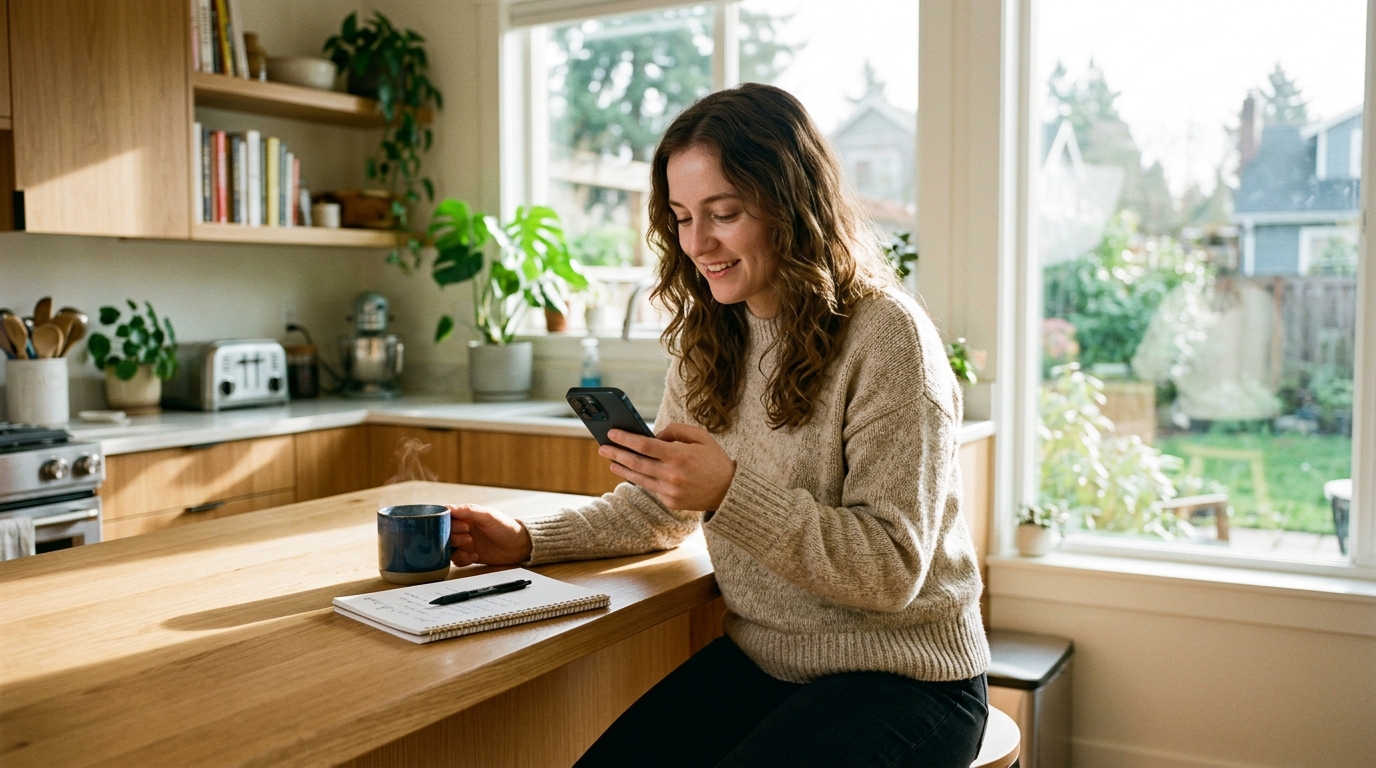Young homeowner using an AI search app on her phone to find a local landscaper from her kitchen counter
