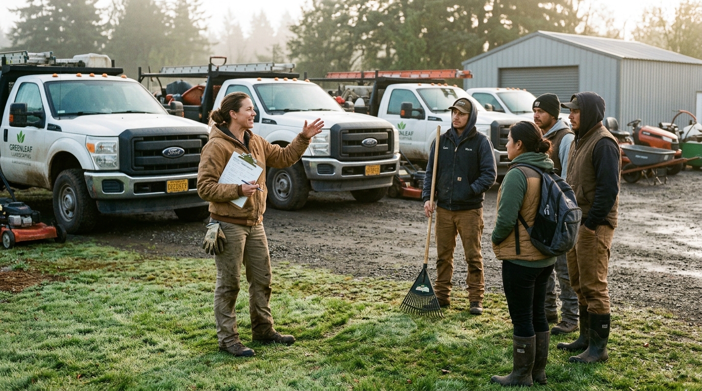 Female landscaping business owner leading a morning crew briefing in front of a row of work trucks at a contractor yard