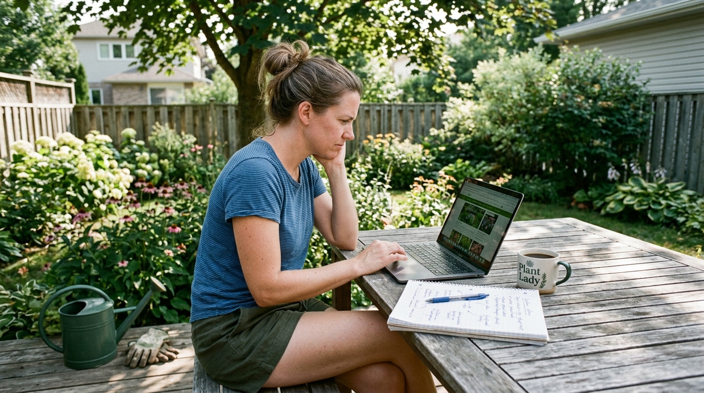 Homeowner researching landscaping ideas and search terms on a laptop at her backyard patio table