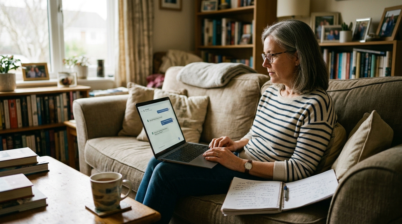 Homeowner sitting on a couch with a laptop using an AI chatbot to find a local landscaper