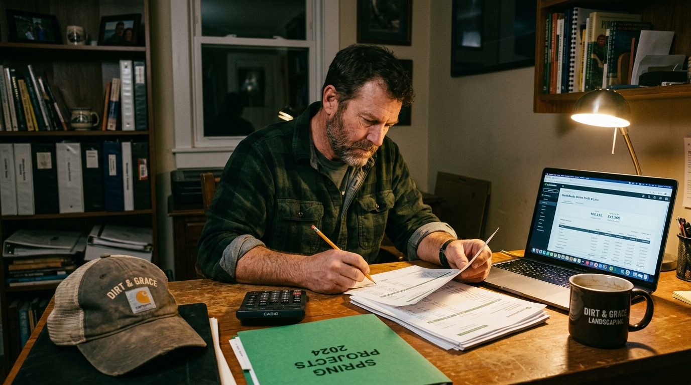 Landscape business owner reviewing profit and loss statements at his home office desk with QuickBooks visible on a laptop