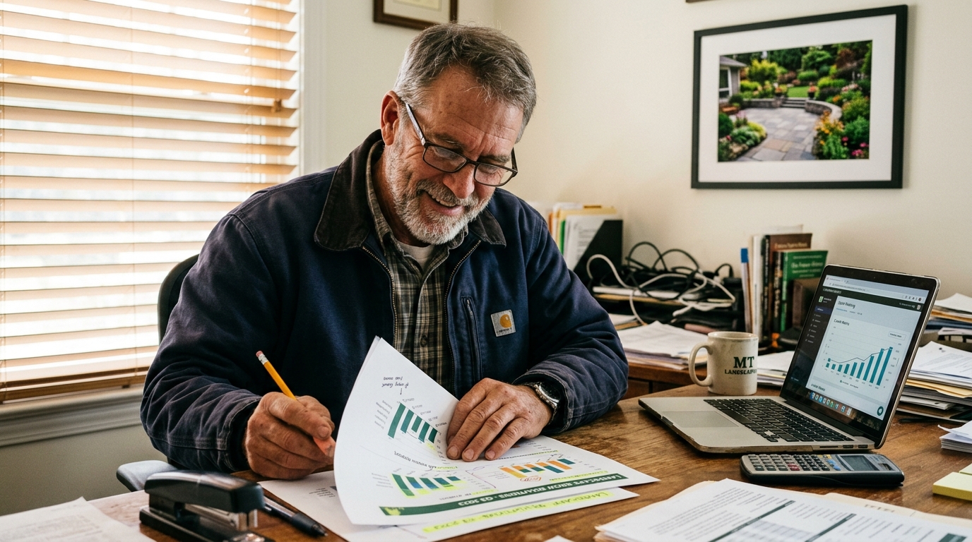 Landscaping business owner reviewing marketing KPIs and a digital dashboard at his office desk