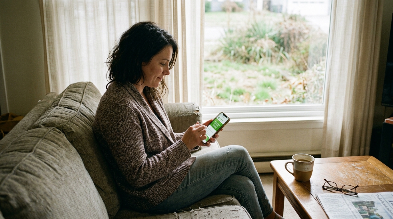 Homeowner browsing a landscaping company website on her smartphone from her living room couch