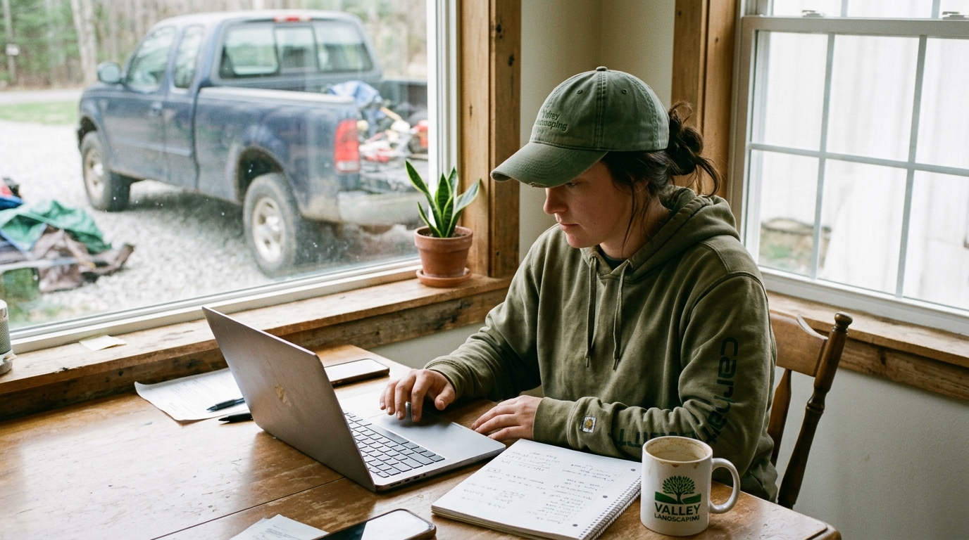 Young landscaping business owner learning SEO basics on a laptop at her kitchen table with a pickup truck visible outside