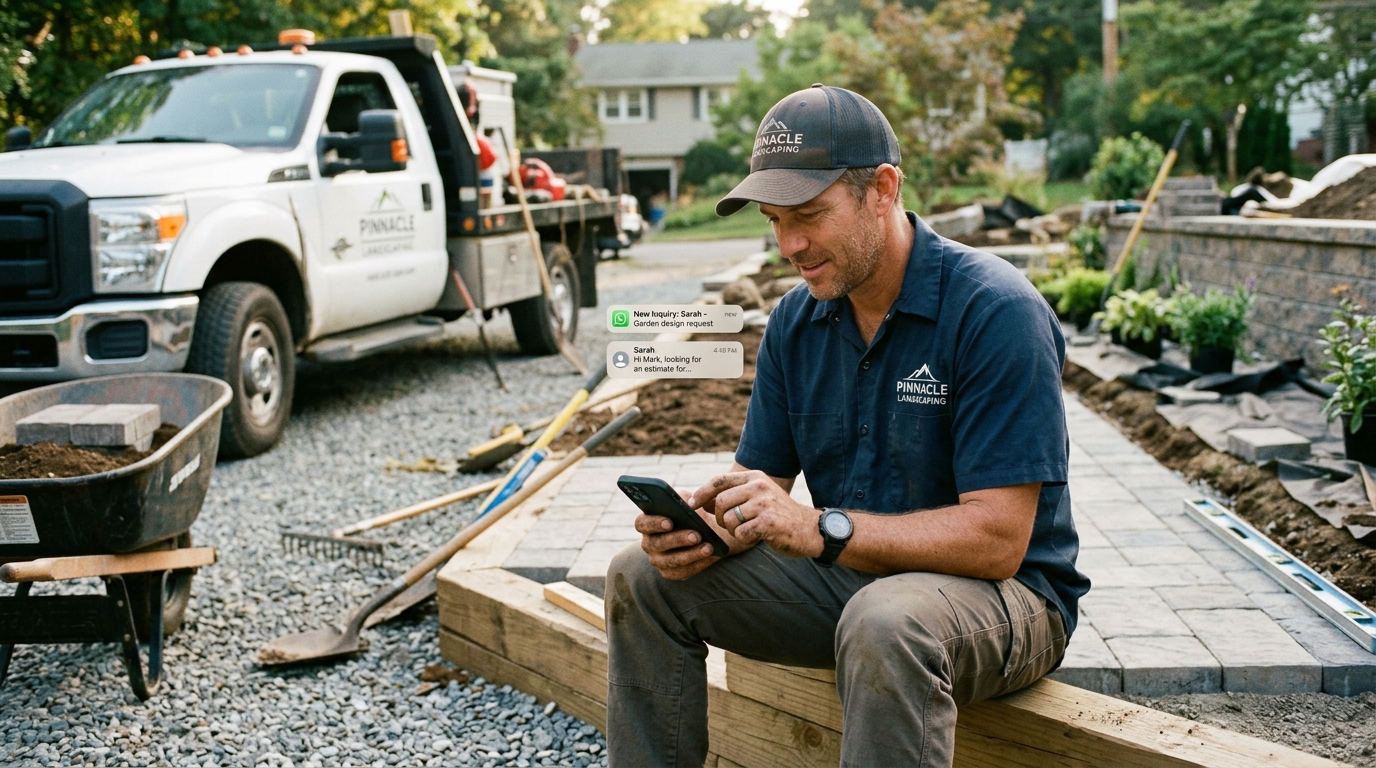 Landscaping business owner responding to customer lead on mobile phone at job site