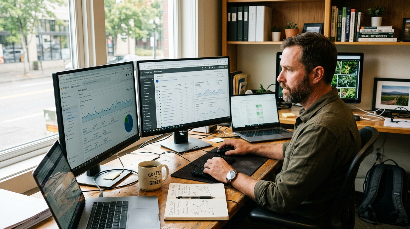 Marketing professional reviewing Google Ads dashboard and analytics for landscaping company