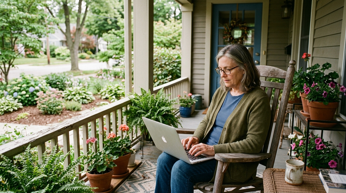 Homeowner using laptop on front porch researching local landscaping companies on Google