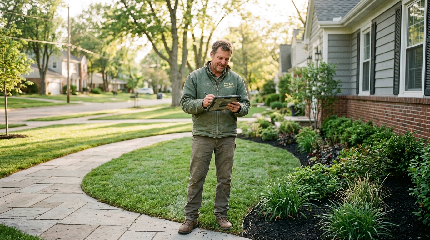 Landscaping company owner inspecting finished landscape design project at residential home