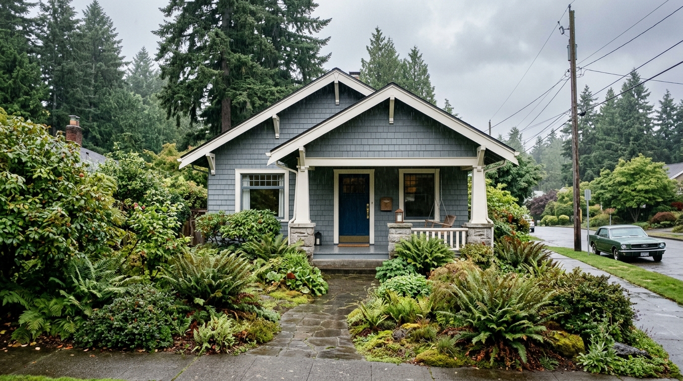 Seattle Craftsman home with Pacific Northwest native plant landscaping including sword ferns and evergreen plants