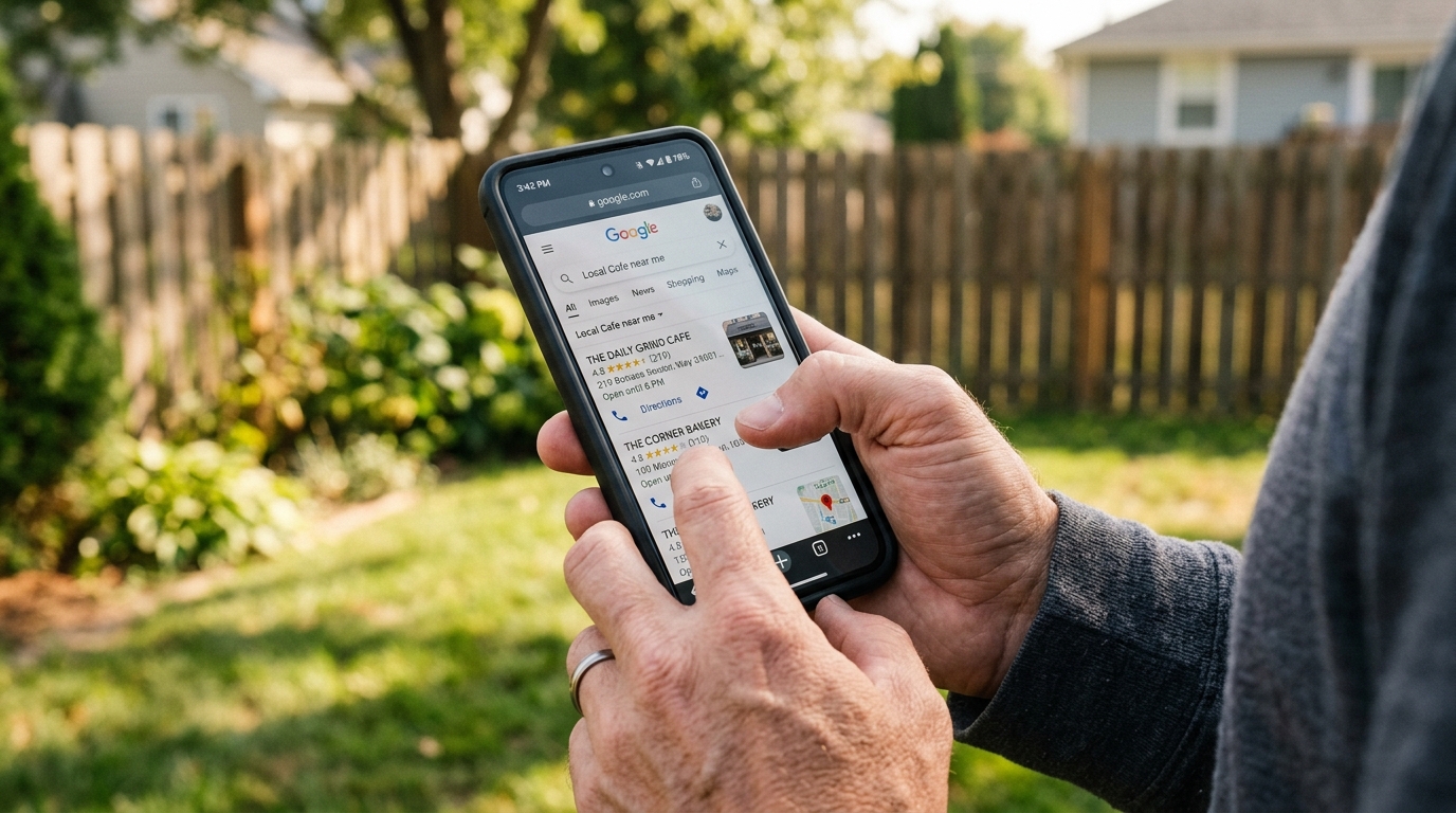 Homeowner searching for local landscaping services on smartphone in backyard