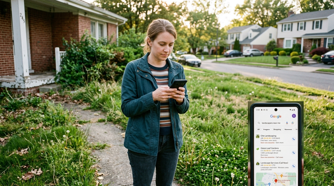 Homeowner standing in front yard searching for landscapers near me on smartphone