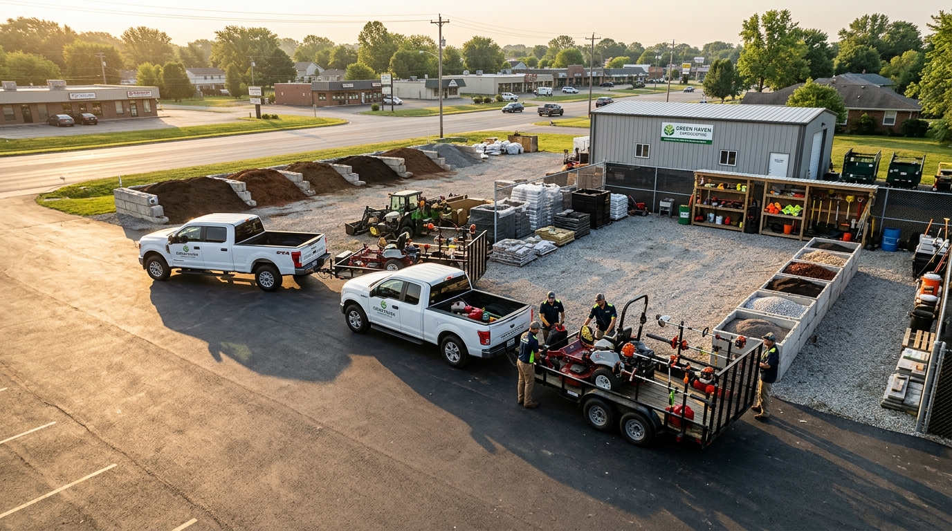 Growing landscaping business operations yard with trucks trailers and crew loading equipment at sunrise