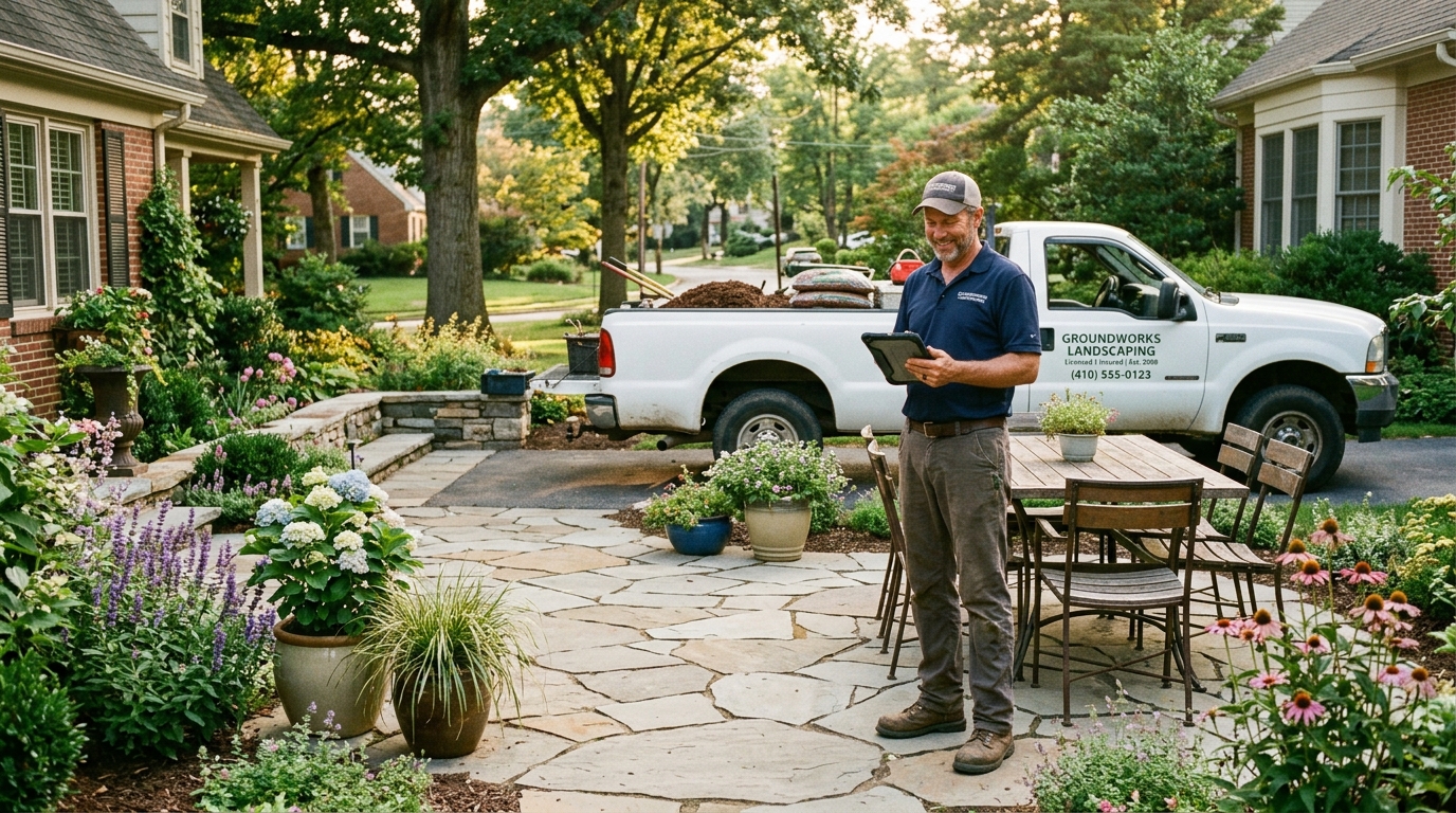Landscaping company owner with tablet showing website at completed hardscape patio project