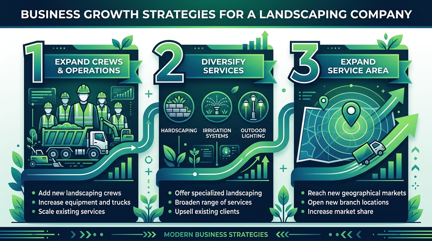 Three growth paths for landscaping companies: expand crews, diversify services, and expand service area