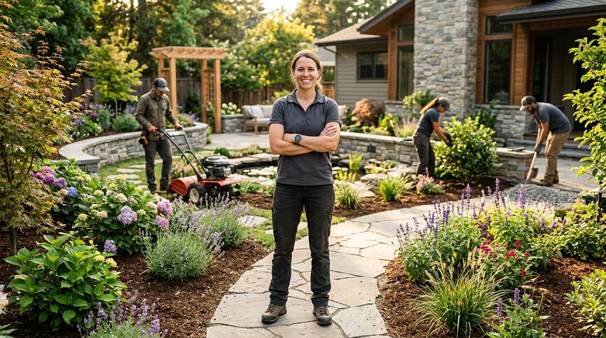 Female landscaping business owner leading her team