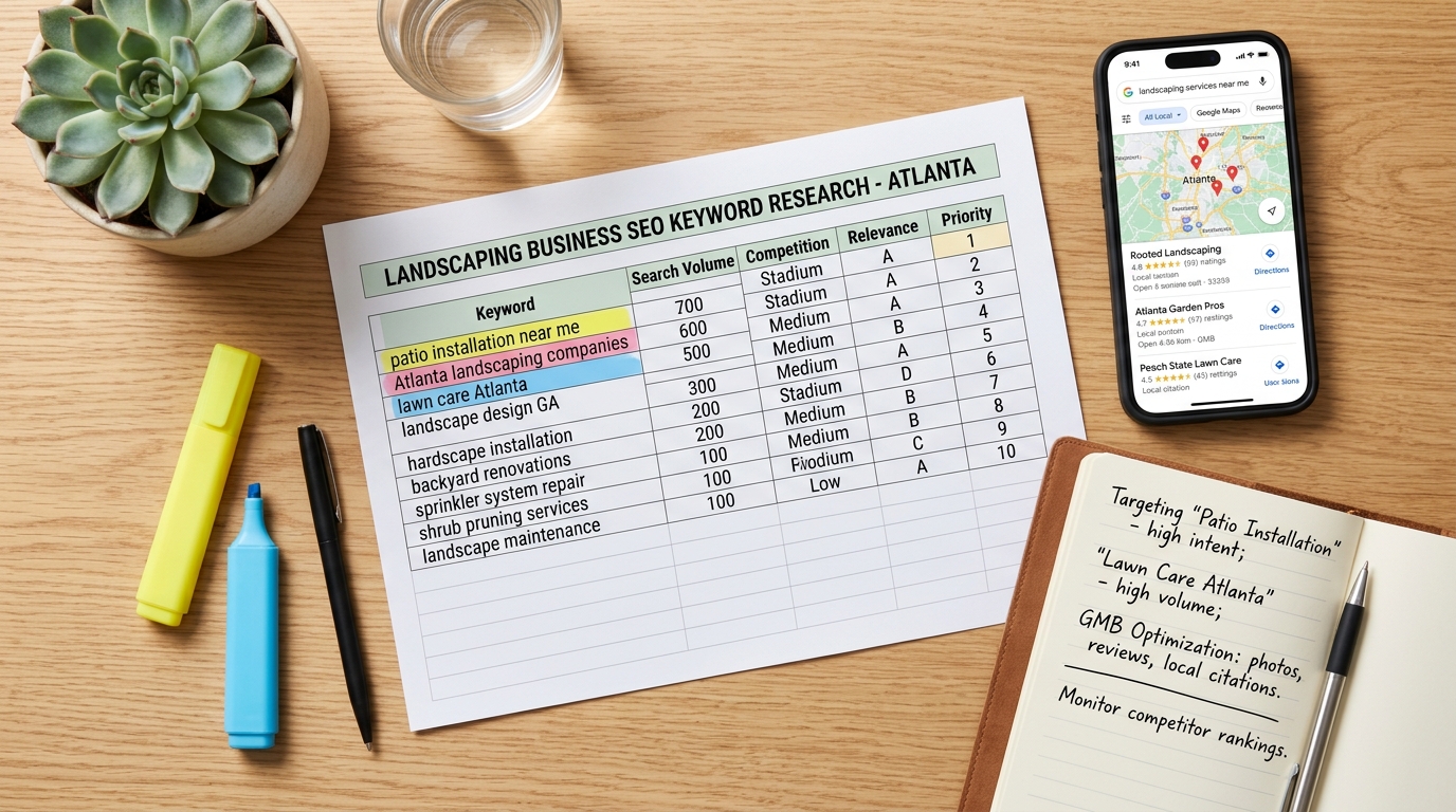Landscaping business SEO keyword research spreadsheet with local keywords highlighted and Google Maps results