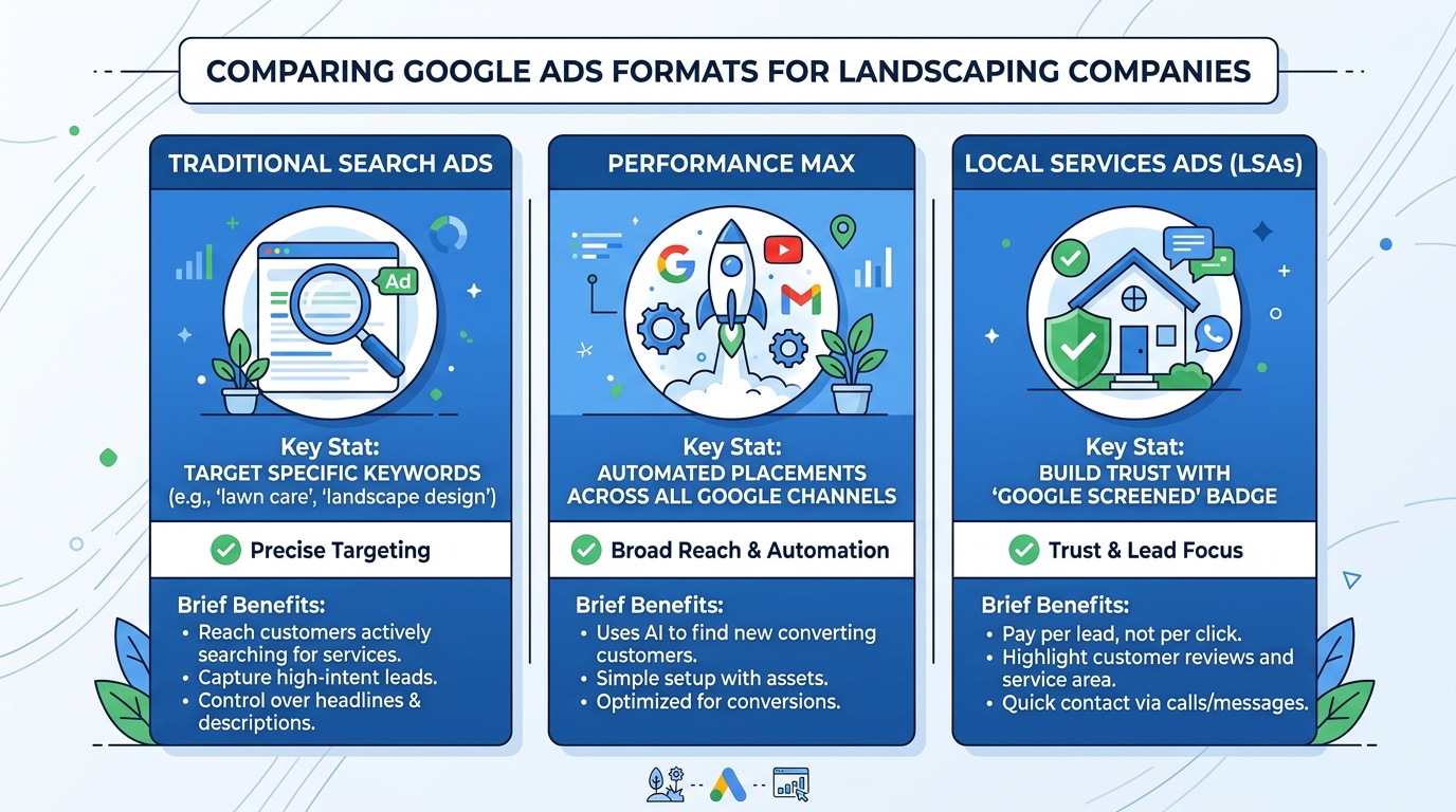 Infographic comparing Traditional Search Ads Performance Max and Local Services Ads formats for landscaping companies
