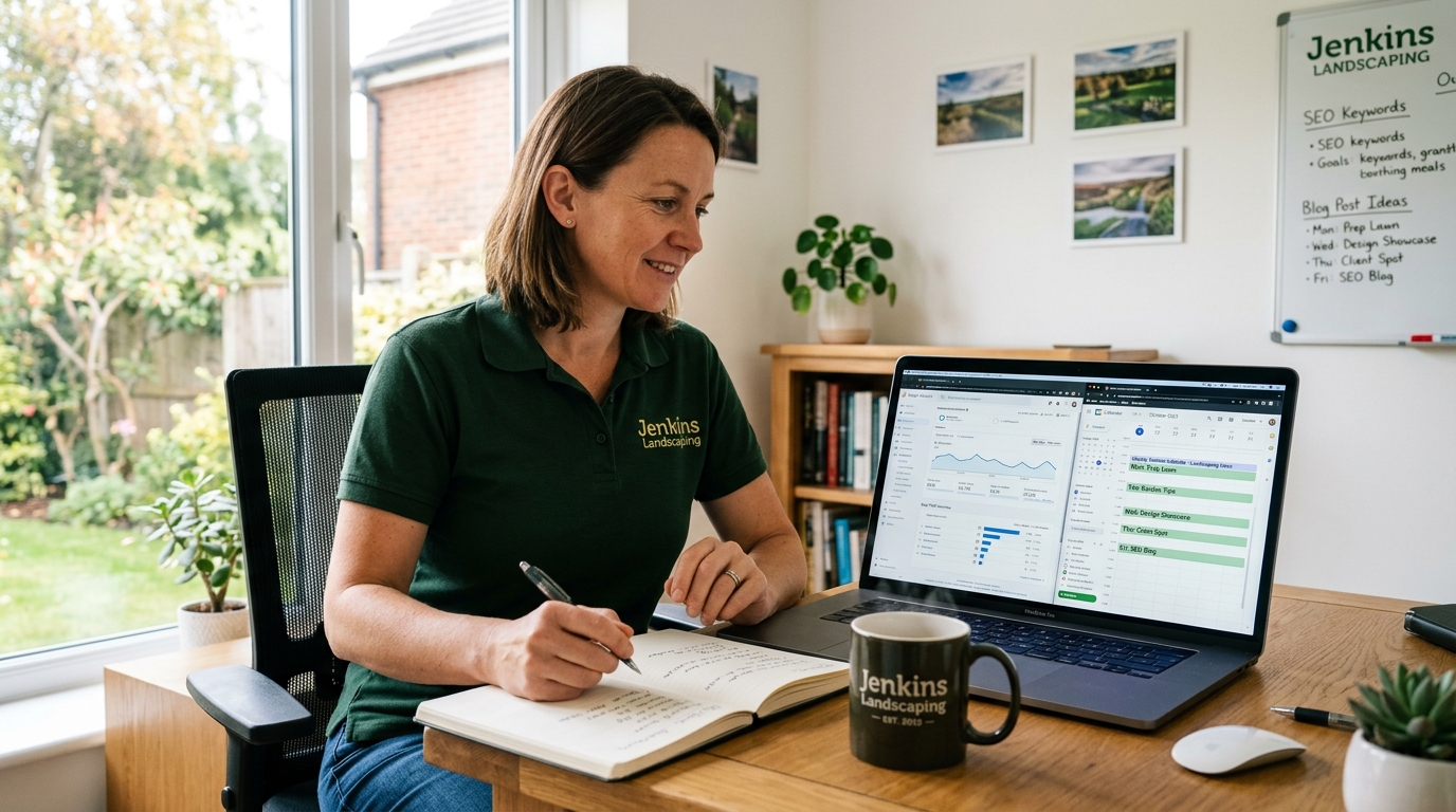 Small-business landscaping owner reviews blog analytics and a content calendar on a laptop with a notebook of content ideas in morning light
