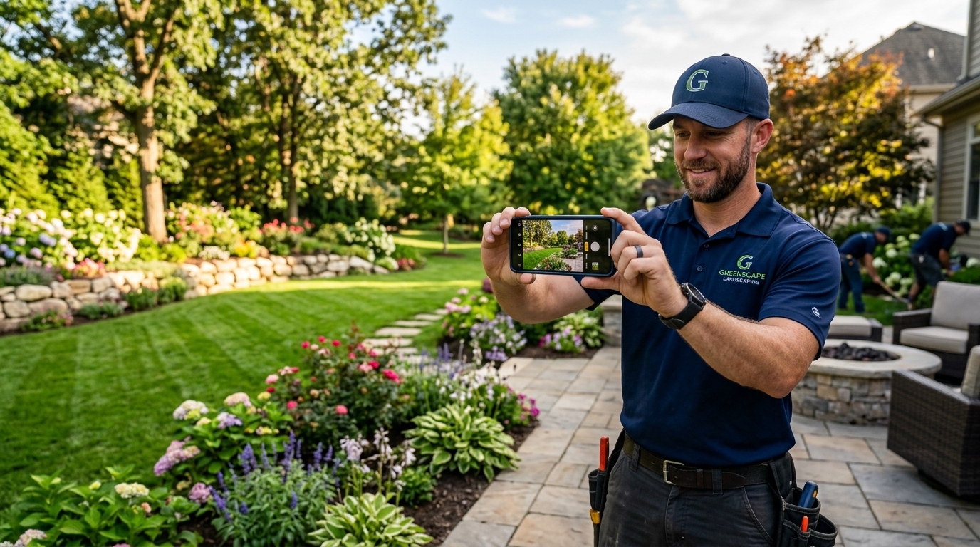 Landscaper in branded polo and cap using a smartphone to photograph a finished backyard with stone patio, flower beds, and green lawn