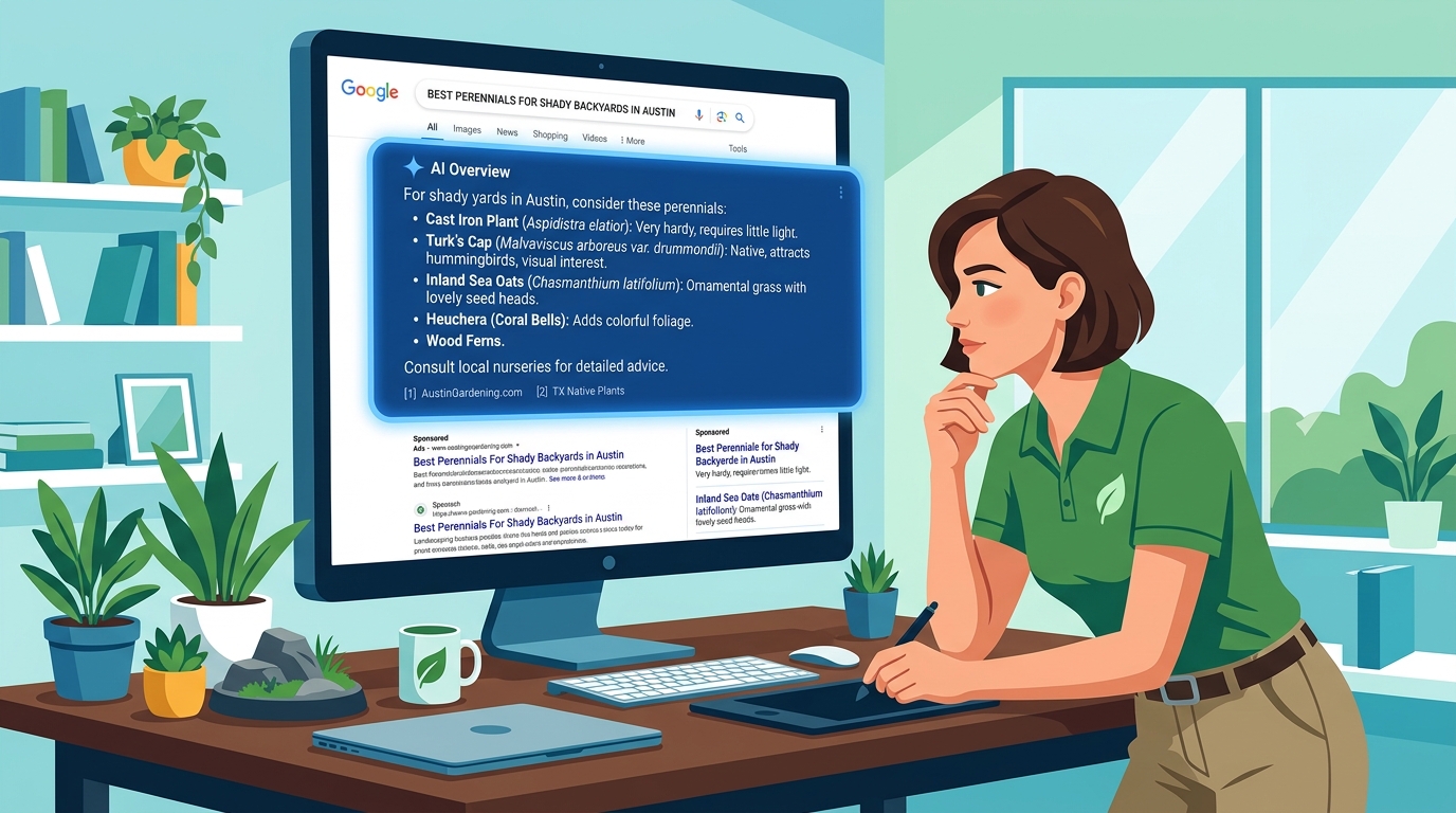 Google AI Overview panel pushing landscaping paid ads lower in search results while business owner evaluates impact