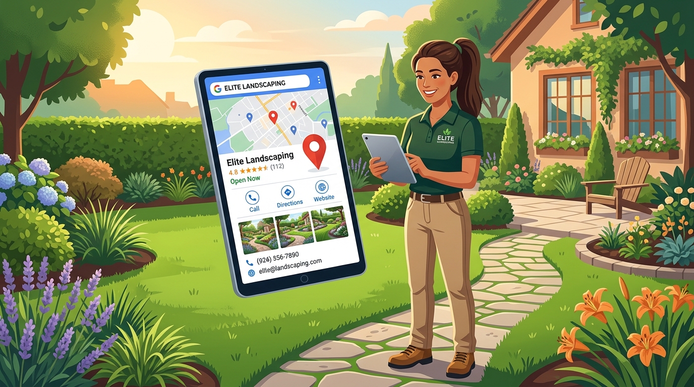 Landscaping business owner checking Google Business Profile on tablet in front of maintained lawn