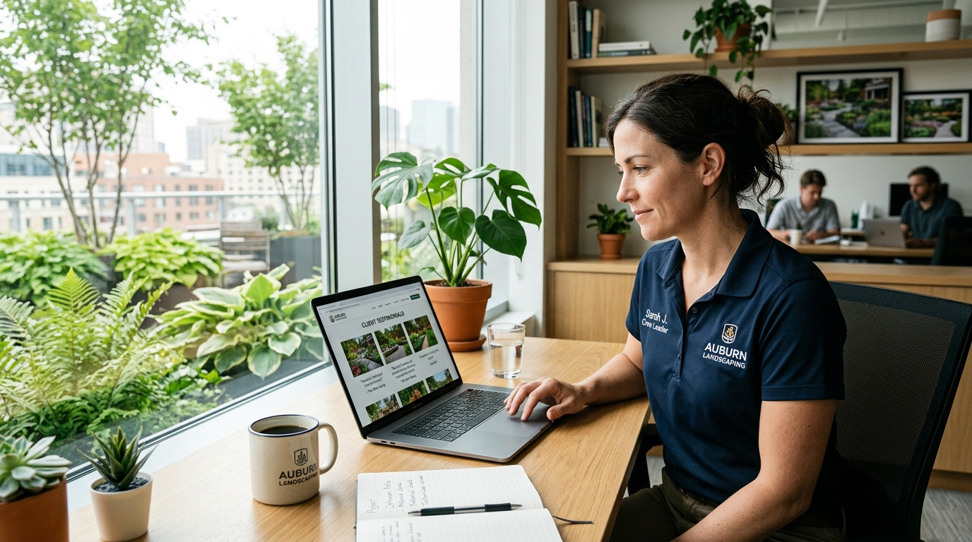 Landscaping crew leader reviewing client testimonials and project photos on a laptop in a plant-filled office