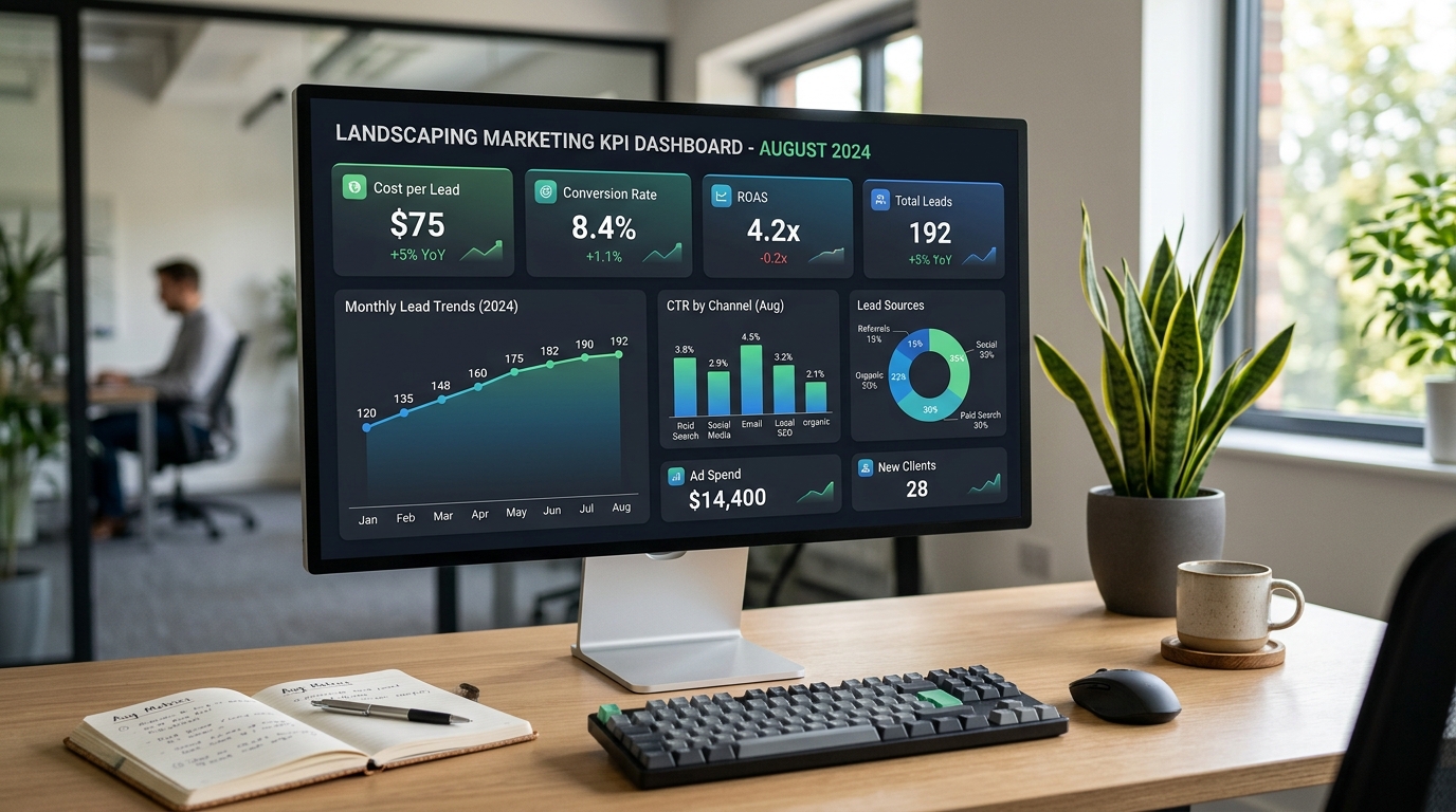 Landscaping marketing KPI dashboard showing cost per lead, conversion rate, ROAS and monthly lead trends