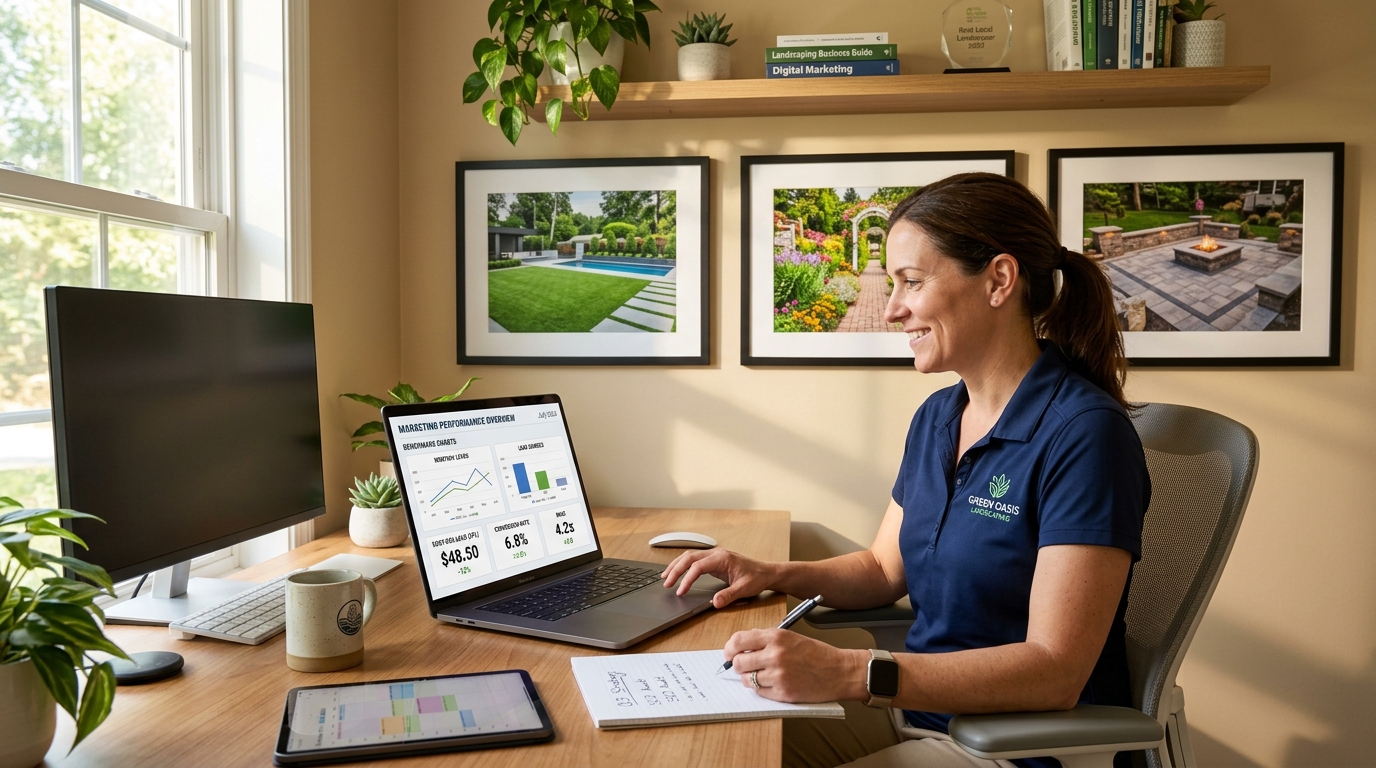 Landscaping business owner reviewing marketing benchmarks dashboard on laptop with project photos on wall