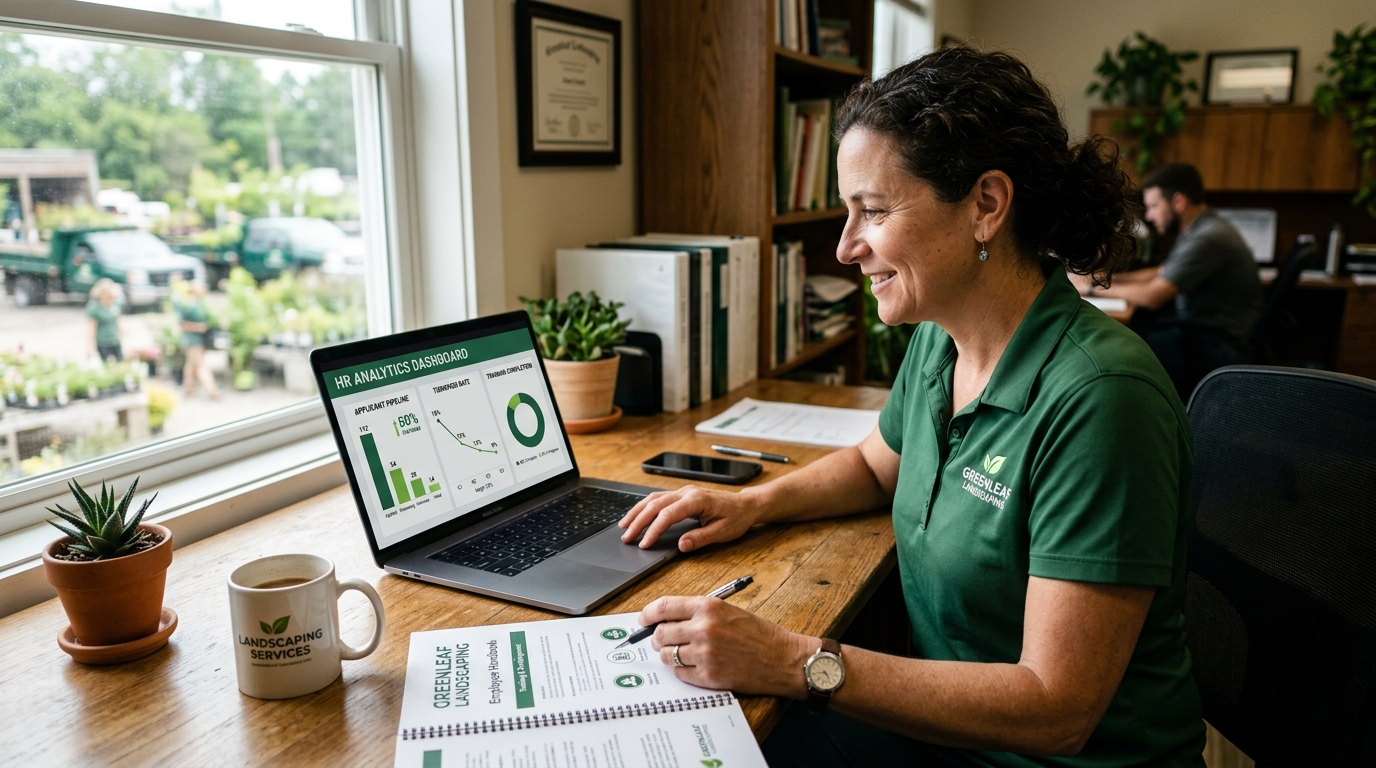 Landscaping company owner at a wooden desk reviewing hiring pipeline, turnover rate, and training completion metrics on a laptop dashboard