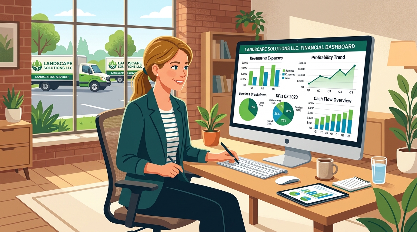 Landscaping business owner reviewing financial KPI dashboard on computer screen with trucks visible outside office window