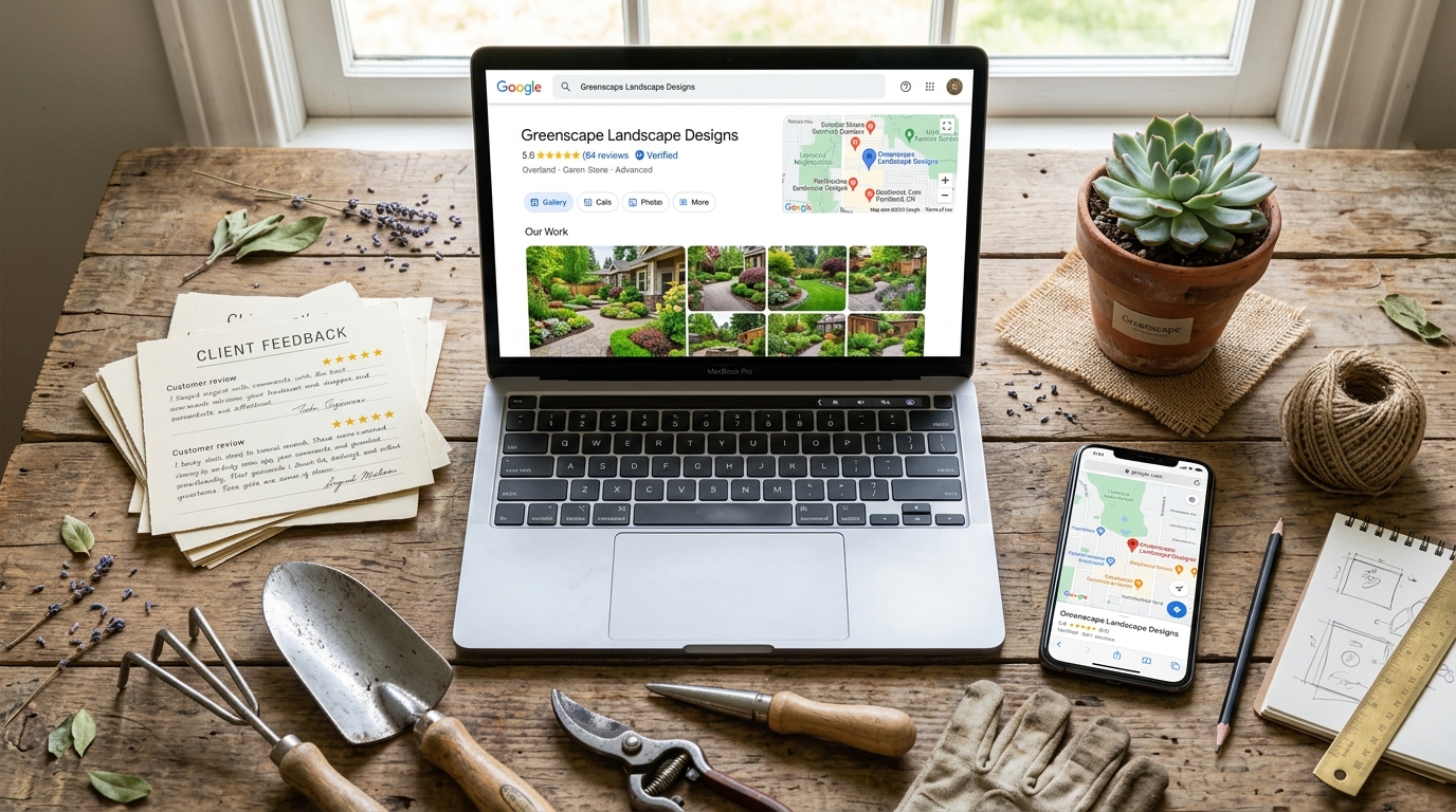 Laptop showing a landscaping Google Business Profile with five-star reviews and local map pins
