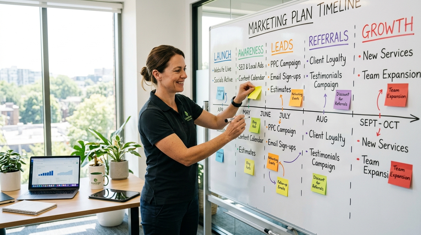 Landscaping business owner drawing a step-by-step marketing plan timeline on a whiteboard