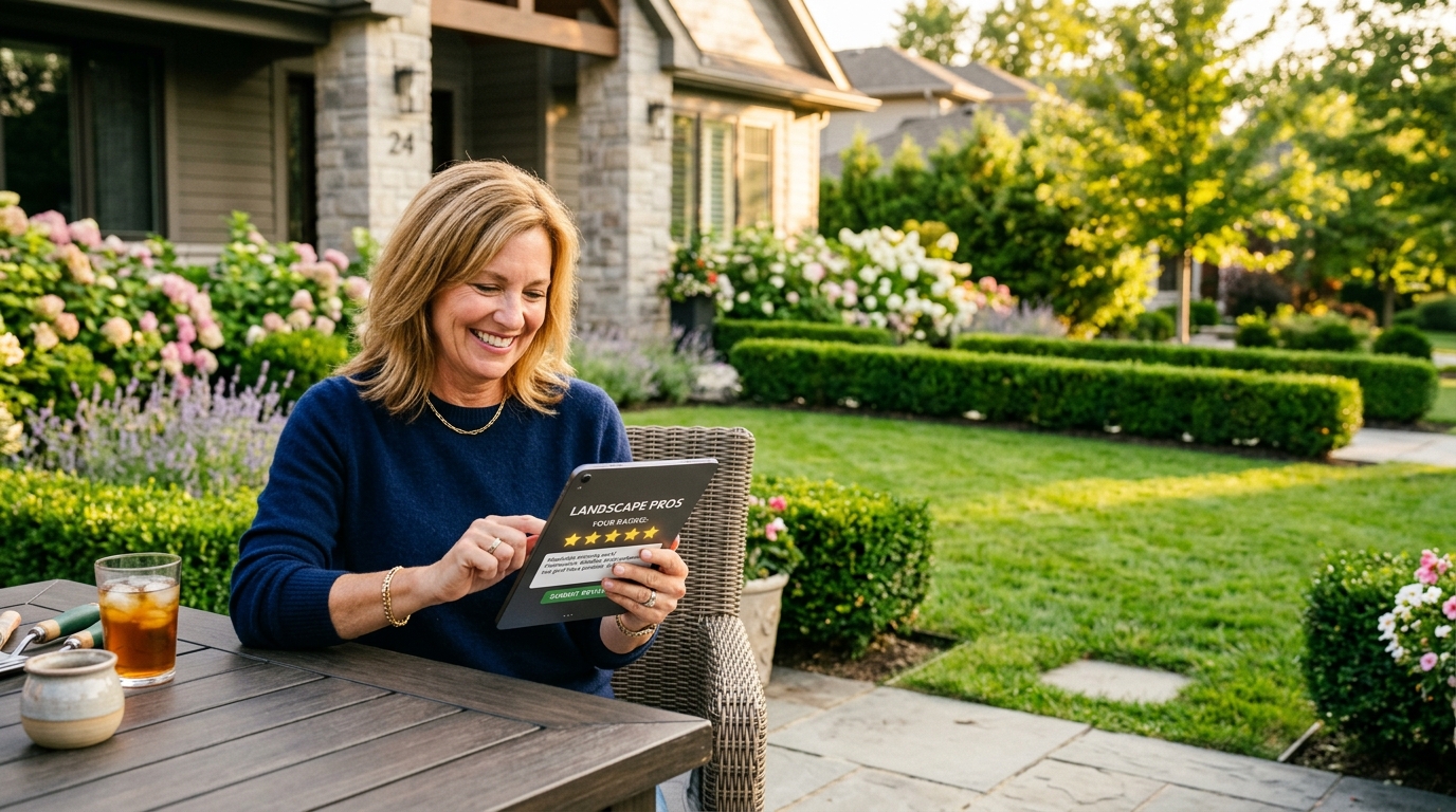 Happy homeowner leaving a five-star landscaping review on a tablet next to a manicured front yard at golden hour