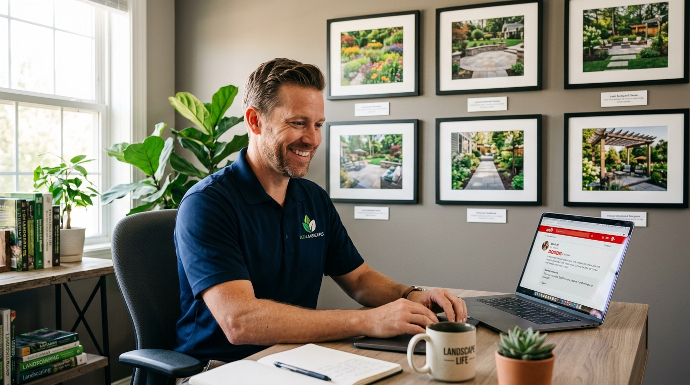 Landscaping business owner responding to a client review on a laptop with completed project photos on the wall
