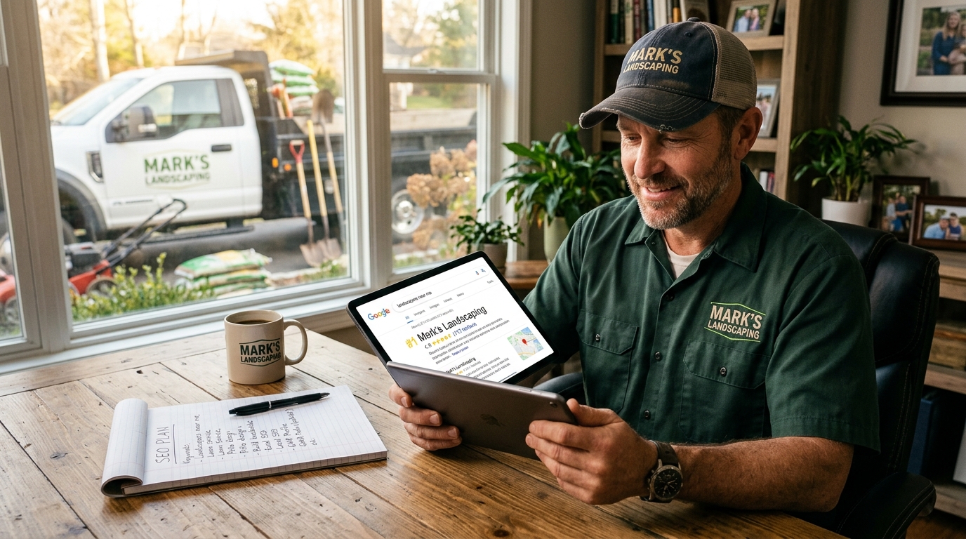 Landscaping company owner reviewing his top Google ranking for landscapers near me on a tablet