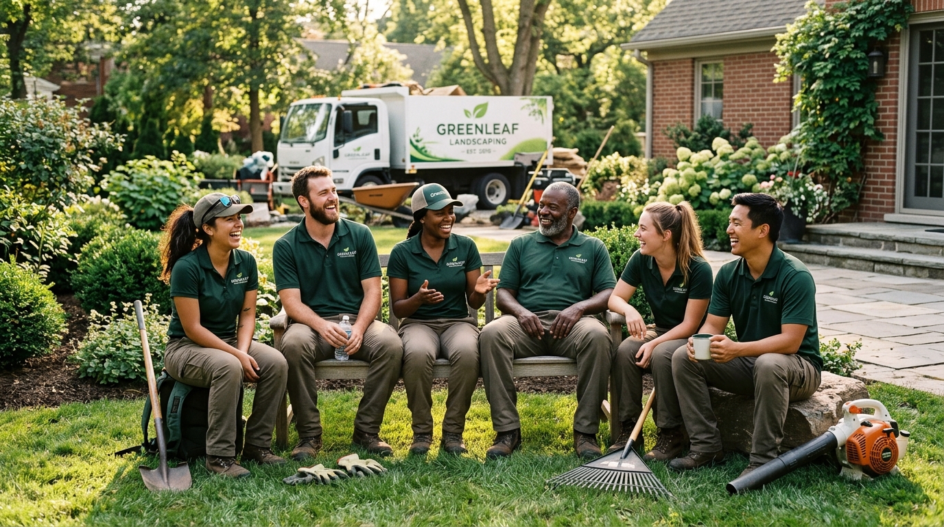 Diverse landscaping crew laughing together on a job site, modeling strong team culture