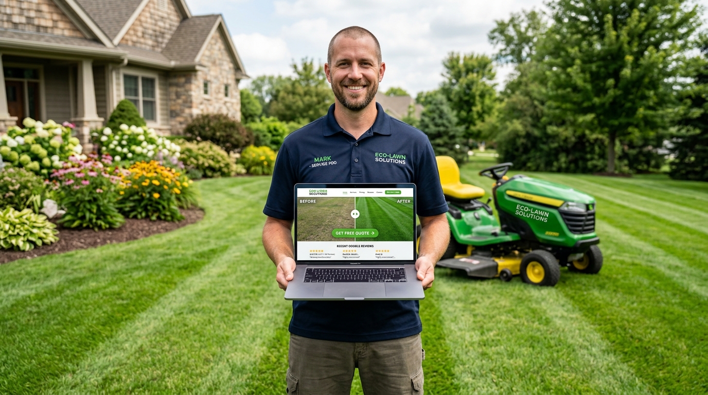 Lawn care professional holding a laptop showing his mobile-friendly website with before-after photos and customer reviews on a freshly mowed striped lawn