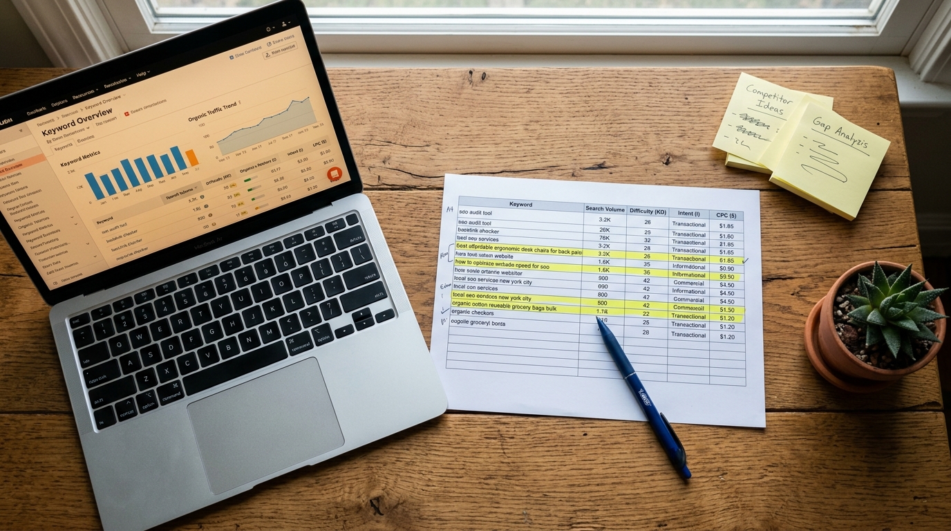 Flat-lay of a printed long-tail keyword research spreadsheet with highlighter marks beside a laptop showing an Ahrefs and Semrush dashboard