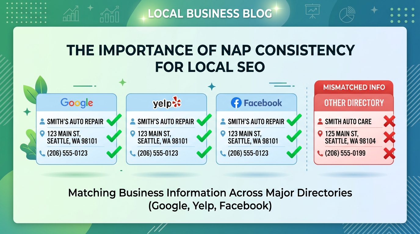 Infographic showing NAP consistency across Google Yelp and Facebook directories with checkmarks for matching info and red X for mismatched data