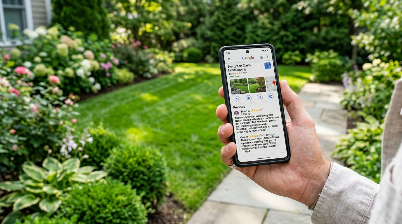 Smartphone showing a landscaping company's Google Business Profile with a 4.9-star rating, recent reviews, and an owner reply, held over a freshly landscaped yard