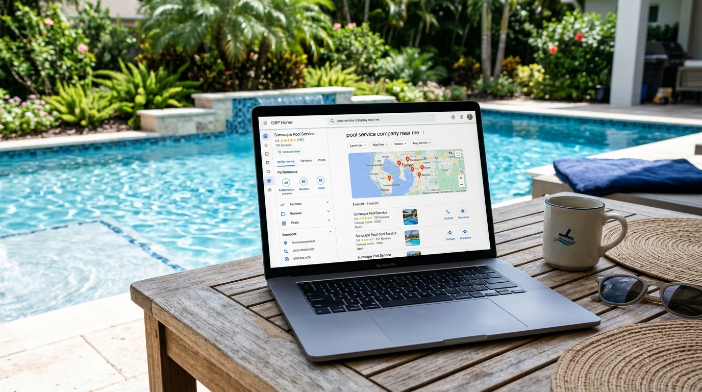 Laptop showing a Google Business Profile dashboard and local pack results for a pool service company beside a backyard pool