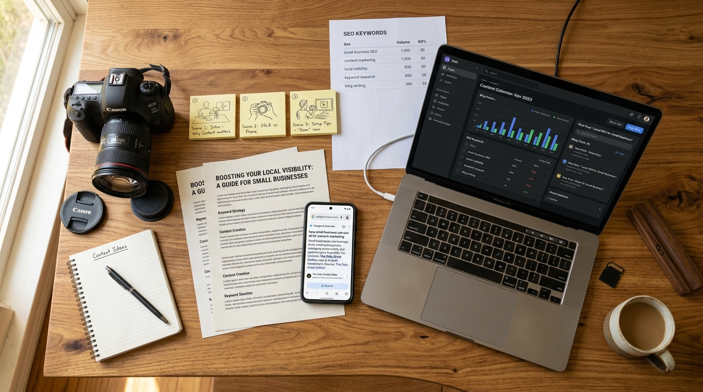 Flat-lay of a small-business content marketing toolkit: blog drafts, video storyboard sticky notes, camera, phone showing a Google AI Overview citation, and a laptop CMS dashboard
