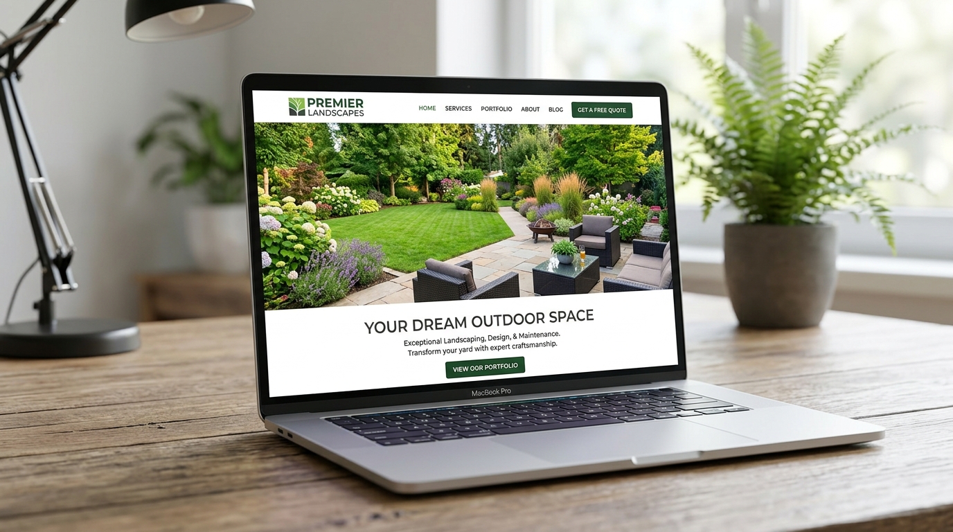 Professional landscaping company website homepage on laptop showing backyard transformation hero image